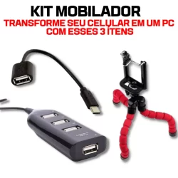 Kit Adaptador Hub 4 Portas Usb + Otg Para Celular Tipo c Ou Micro Usb V8 + Suporte Celular Tripé Flexível