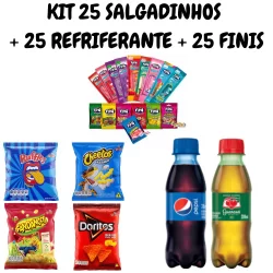 KIT 25 SALGADINHOS ELMA CHIPS + 25 REFRIGERANTES 200ml + 25 FINIS