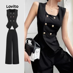 Lovito Tops ou calças elegantes de Metal liso com botões duplos para mulheres LBL23205