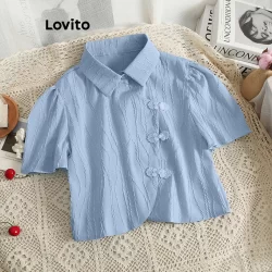 Lovito Blusa Casual Blusa Lisa Jacquard Com Botões Para Mulheres LNE42177