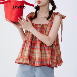 Lovito Regata Casual Xadrez Com Cadarço Para Mulheres LNE56115