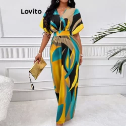 Lovito Macacão Boho Geométrico Smocked Macacão De Manga Curta Para Mulheres LBL15452