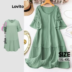 (Trendy) Lovito Vestido Curvo Plus Size Casual Vestido De Renda Lisa Para Mulheres LBL18876