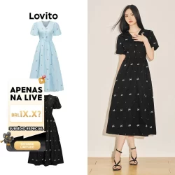 (LIVE STREAM SALE) Lovito Vestido com Mangas Bufantes, Amarração e Botão de &Frutas& e &Vegetais& para Mulheres L61AD075