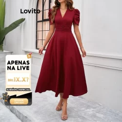 (LIVE STREAM SALE) Lovito Vestido elegante liso franzido para mulheres LNL71064