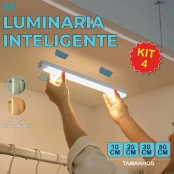 Kit 4 Smart Luminária Inteligente Ultra LED com sensor de movimento sem fio e Recarregável USB fino barra 10/20/30/50cm