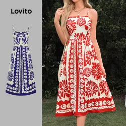 (Trendy) Lovito Vestido Boho Com Estampa Tribal E Vestido Franzido Para Mulheres LBL17603