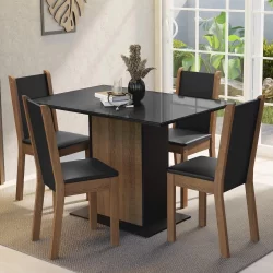Conjunto Sala de Jantar Mesa Tampo de Vidro 4 Cadeiras Preto/Rustic Martina Madesa