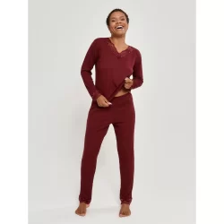 Conjuntinho para dormir elegante com Renda Premium e Tecido Canelado e Quentinho - Pijama Manga Comprida