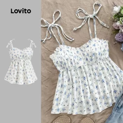 Lovito Boho Top Ditsy Floral Flowers Lace Up Regata De Verão/Primavera Para Mulheres L124AD1347