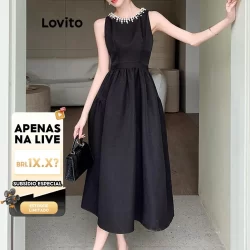 (LIVE STREAM SALE) Lovito Vestido casual de pérolas lisas para mulheres LNM71242