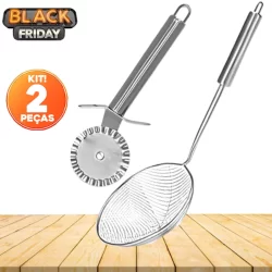 Kit 2 Utensílios Inox Para Pastel - Escumadeira Para Fritura em Inox e Cortador de Pastel Inox Qualidade Premium