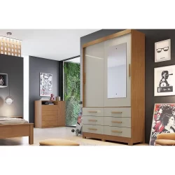Guarda Roupa Solteiro 2 Portas (1 c/ Espelho) e 6 Gavetas Buriti/Jequitibá Cumaru/Fendi - Novo Horizonte