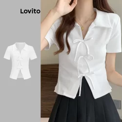 Lovito Blusa elegante com laço simples para mulheres L109MD349