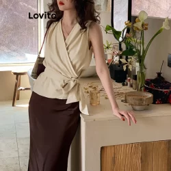 (Trendy) Lovito Top Casual Com Amarração Nas Costas, Regata Feminina De Verão/Primavera L83ED271