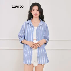 Lovito Blusa casual listrada com botões para mulheres LAD106500