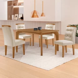 Mesa de Jantar Liz 120cm MDF Canto copo e com 4 Cadeiras Carol