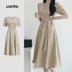 Lovito Vestido Casual liso plissado com cinto para mulheres L123ED759