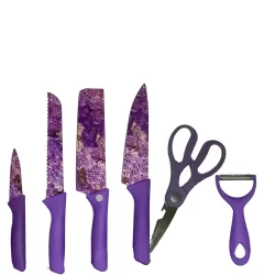Kit Jogo Conjunto De Facas 6 Peças Ralador Tesoura Florido Lilás Premium Cozinha Luxo