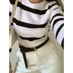 Tricô Manga Longa Listrado Outono Inverno Moda Feminina