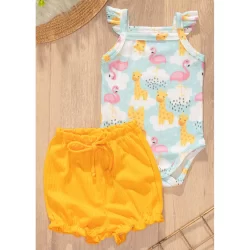 Conjunto Bebê Verão Body Flamingo Shorts Bombachinha Amarelo