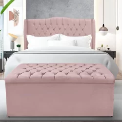 Kit Cabeceira E Calçadeira Baú Dubai Queen 160 Cm - Veludo Rose