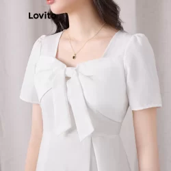 (Trendy) Lovito Vestido Elegante Vestido De Laço Liso Para Mulheres L105MD460