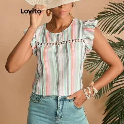 Lovito Blusa Boho Rainbow Stripe Colorblock Lace Ruffle para mulheres LBL20205