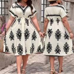 Lovito Vestido Curvo Plus Size Casual Com Estampa Tribal E Costura Em Tecido Com Cinto Para Mulheres LBL17316