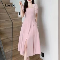 (Trendy) Lovito Vestido Casual de linha de estrutura lisa para mulheres L131ED066