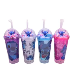 Copo de Acrílico 450ml com LED, tampa e canudo Stitch - Disney