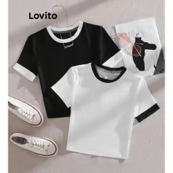 Lovito Camiseta Esportiva Lisa Com Encadernação Contrastante Para Mulheres L86ED098