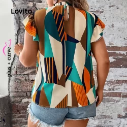 (Trendy) Lovito Blusa feminina Plus Size curva Casual Patchwork com babados LBL24339