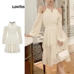 Lovito Vestido Casual Liso Com Babados E Bainha Com Strass Recortado Para Mulheres L106AD323