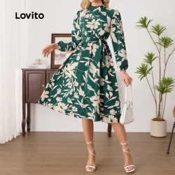 Lovito Vestido Casual Floral com cinto franzido para mulheres LBL24253