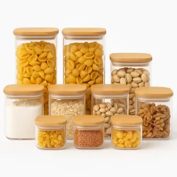 Kit 9 potes de acrílico com tampa hermética aparencia bambu quadrados porta mantimento