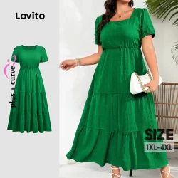 Lovito Vestido Plus Size curva elegante liso de camada dupla para mulheres LBL24187