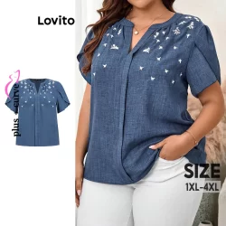 Lovito Blusa Curva Plus Size Elegante Blusa Bordada Floral Ditsy Para Mulheres LBL16759