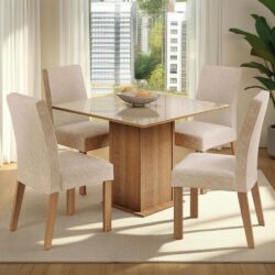 Conjunto Sala de Jantar Madesa Cecilie Mesa Tampo de Vidro com 4 Cadeiras Rustic/Crema/Imperial