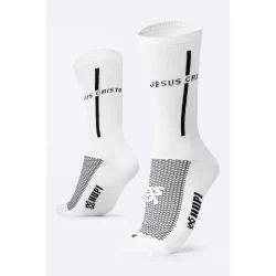 Meia Esportiva Corrida e Ciclismo HUPI Estampa Jesus Cristo, Cor Branco/Preto, Tamanho 34-38