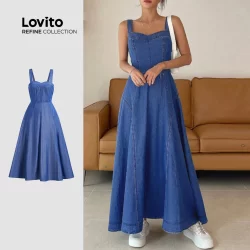 (Lovito Refine) Vestido jeans Casual com estrutura lisa e senso de linhas para mulheres LR7LD056