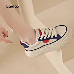 Lovito Tênis esportivo de couro liso fácil de limpar, versáteis para mulheres LFA76326