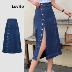 Lovito Saias jeans casuais com botões lisos e fenda frontal para mulheres L112ED244