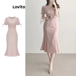 Lovito Vestido Elegante Liso Com Cadarço E Zíper Vestido Básico Para Mulheres L105MD698