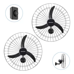 Kit 2 Ventiladores De Parede 200w 60cm Diâmetro Com 3 Pás Preto Bivolt Potente P/ Igreja Academia Lojas - Ventisol