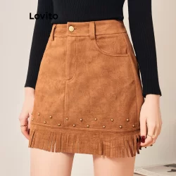 Lovito Saia com Franjas Simples para Mulheres LNA36082 (Caqui)