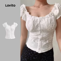 Lovito Blusa elegante com bordado de ilhós lisos para mulheres L129ED698