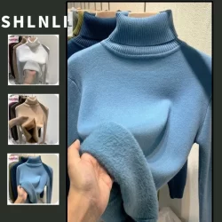 Suéter Casual De Gola Alta , Slim Fit , Para Mulheres , Engrossado , Outono Inverno , Forro De Pele De Vison , Manga Com