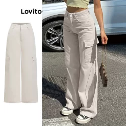 Lovito Calça Casual Com Bolso Liso E Zíper Para Mulheres L104ED018