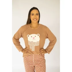 Pijama Longo Feminino Adulto com Blusa longa e Calça na Cor Café com Estampa de Urso